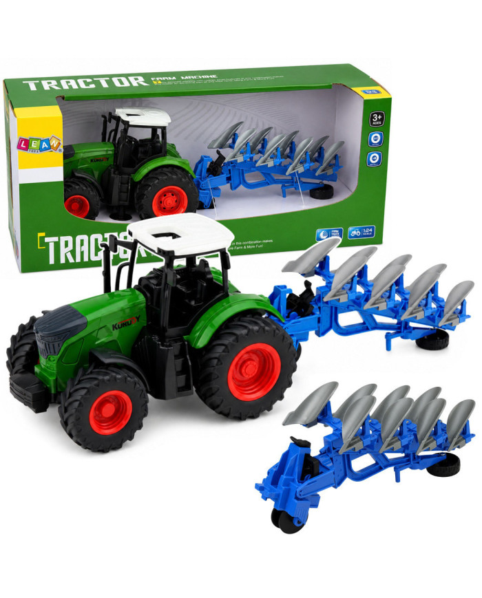 Traktor Rolniczy Farmerski Z Pługiem Wieloskibowym Gumowe Koła Zielony 1:24
