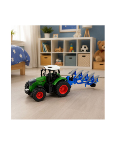 Traktor Rolniczy Farmerski Z Pługiem Wieloskibowym Gumowe Koła Zielony 1:24