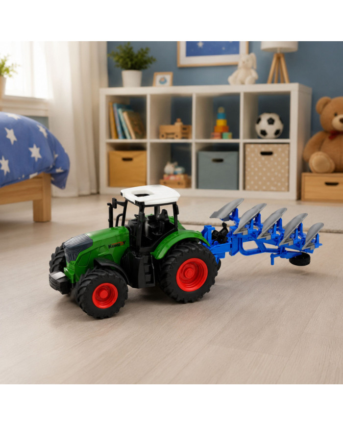 Traktor Rolniczy Farmerski Z Pługiem Wieloskibowym Gumowe Koła Zielony 1:24