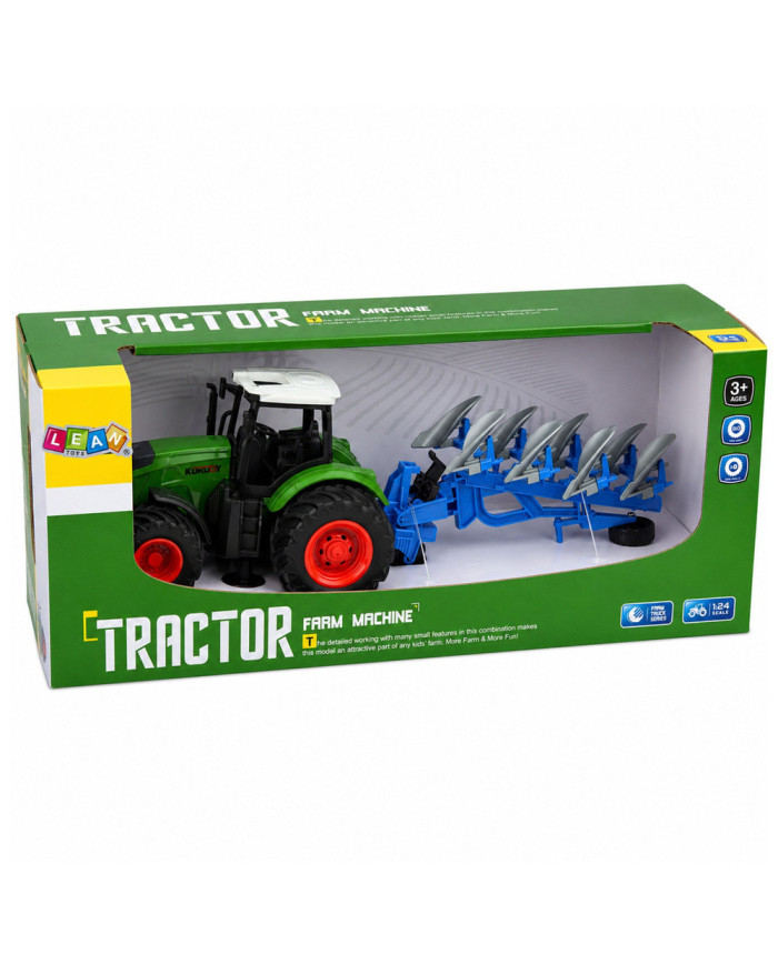Traktor Rolniczy Farmerski Z Pługiem Wieloskibowym Gumowe Koła Zielony 1:24