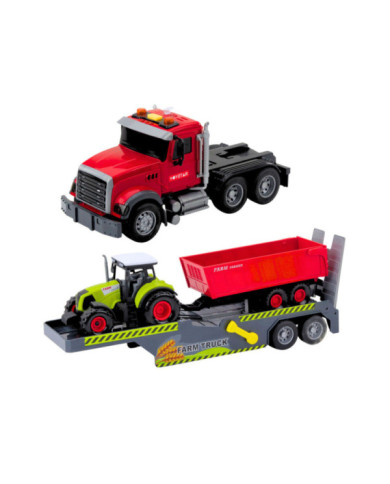 Zestaw Ciężarówka Traktor Z Przyczepą Światła Dźwięki Czerwona