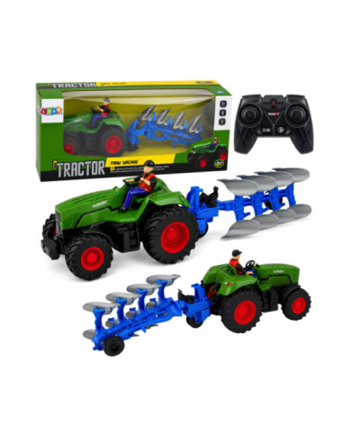 Traktor z Pługiem i Rolnikiem Zdalnie Sterowany RC Światła Zielony 1:24