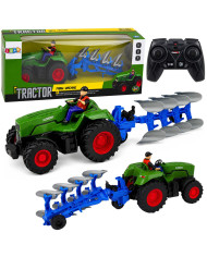 Traktor z Pługiem i Rolnikiem Zdalnie Sterowany RC Światła Zielony 1:24