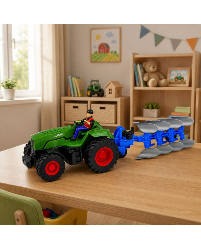Traktor z Pługiem i Rolnikiem Zdalnie Sterowany RC Światła Zielony 1:24