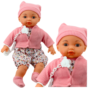 Lalka Bobas Sweterek Czapeczka Smoczek Na Łańcuszku Różowa 40cm