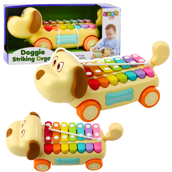 Jeżdżący Piesek Cymbałki Ruchome Uszy Ogon Pałeczka Na Sznurku