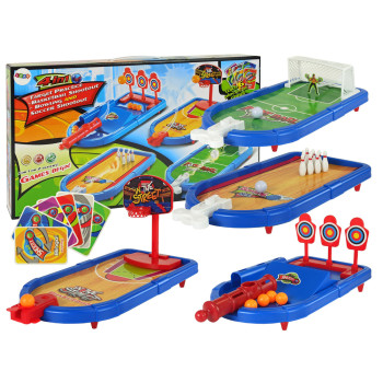 Zestaw Gier Zręcznościowych 4w1 Koszykówka Piłka Nożna Tarcza Kręgle Wyrzutnia