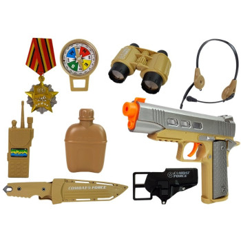 Zestaw Wojskowy z Akcesoriami Pistolet Nóż Lornetka Słuchawki Gwizdek Krótkofalówka Jasnozielony