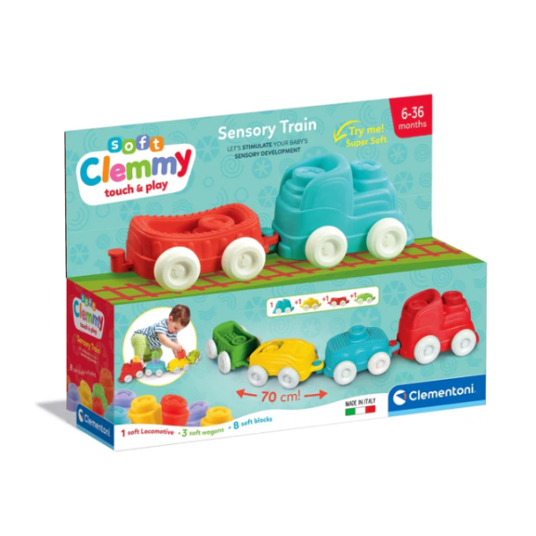 Clemmy Kolorowy Pociąg Sensoryczny Lokomotywa Wagony Klocki 70cm Clementoni 17961