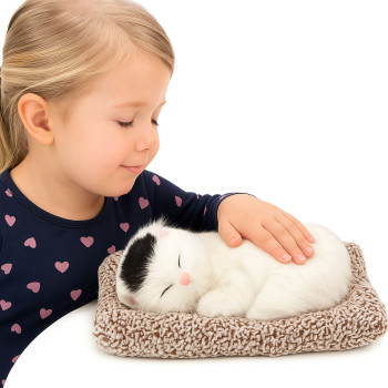 Śpiący Biały Kot Na Poduszce Figurka z Futerkiem Torba Dźwięki