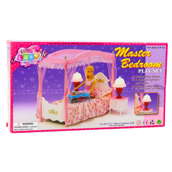 Zestaw Meble Dla Lalek Łóżko z Baldachimem Szafki Nocne Lampki