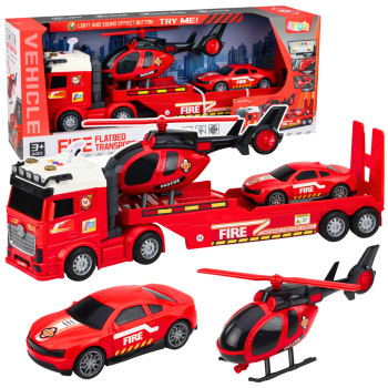Zestaw Strażacki Ratunkowy Ciężarówka Laweta Auto Helikopter Światła Dźwięk
