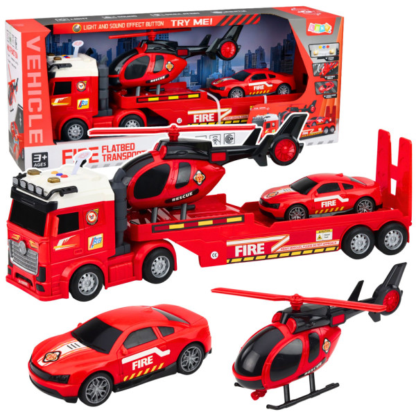 Zestaw Strażacki Ratunkowy Ciężarówka Laweta Auto Helikopter Światła Dźwięk