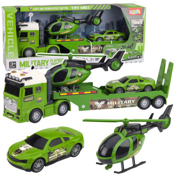 Zestaw Militarny Wojskowy Ciężarówka Laweta Auto Helikopter Światła Dźwięk