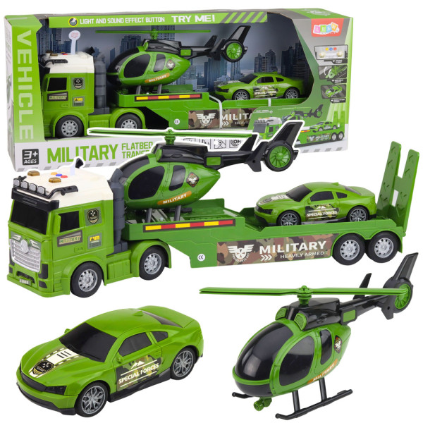 Zestaw Militarny Wojskowy Ciężarówka Laweta Auto Helikopter Światła Dźwięk