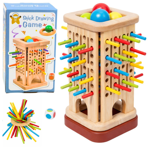 Drewniana Gra Zręcznościowa Edukacyjna Wieża Patyczki Kulki Kostka 37 el.