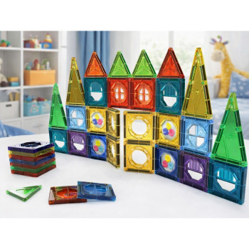 Zestaw Klocki Magnetyczne Konstrukcyjne 3D Okienka Panele Kolorowe 56 el.