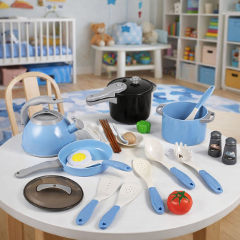 Zestaw Naczyń Kuchennych Garnki Patelnia Czajnik Akcesoria Niebieskie 32el.