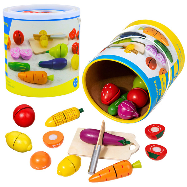 Drewniany Zestaw Owoców Warzyw Do Krojenia Deska Bezpieczny Nóż Wiadro 13el