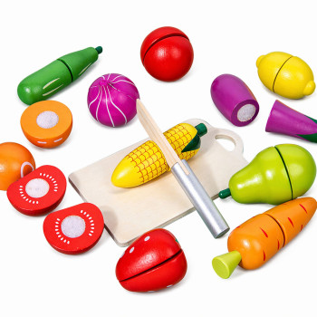 Drewniany Zestaw Owoców Warzyw Do Krojenia Deska Bezpieczny Nóż Wiadro 13el