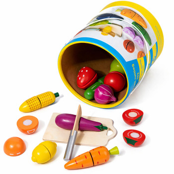 Drewniany Zestaw Owoców Warzyw Do Krojenia Deska Bezpieczny Nóż Wiadro 13el