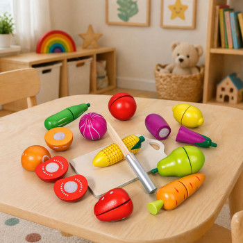 Drewniany Zestaw Owoców Warzyw Do Krojenia Deska Bezpieczny Nóż Wiadro 13el