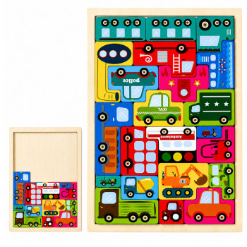 Drewniane Puzzle Łamigłówka Układanka Logiczna Pojazdy Kolorowe 23 el.