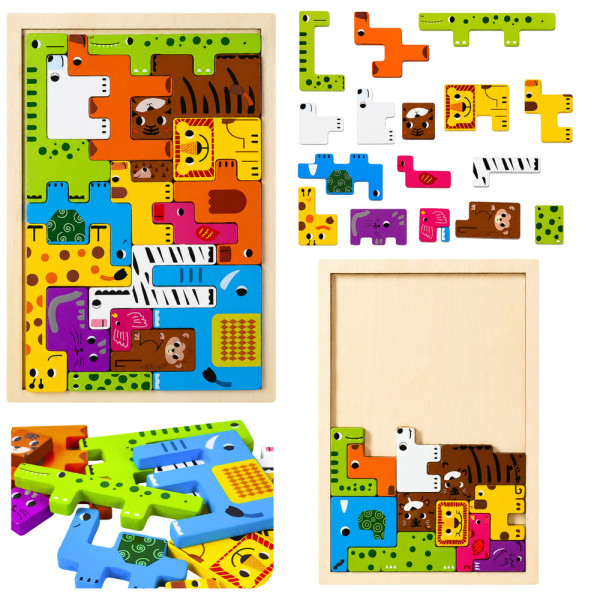 Drewniane Puzzle Łamigłówka Układanka Logiczna Zwierzęta Kolorowe 20 el.