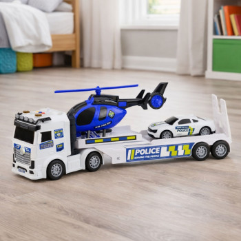 Zestaw Policyjny Ciężarówka Laweta Auto Helikopter Światła Dźwięk