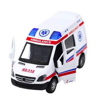 Karetka Ambulans Metalowy Z Napędem Pull Back Światła Dźwięki Biały 1:32