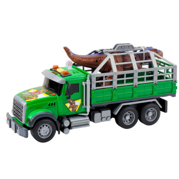 Ciężarówka Transport Dinozaurów Figurka Dinozaura Światła Dźwięki Zielona