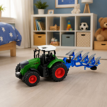 Traktor Rolniczy Farmerski Z Pługiem Wieloskibowym Gumowe Koła Zielony 1:24