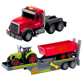 Zestaw Ciężarówka Traktor Z Przyczepą Światła Dźwięki Czerwona