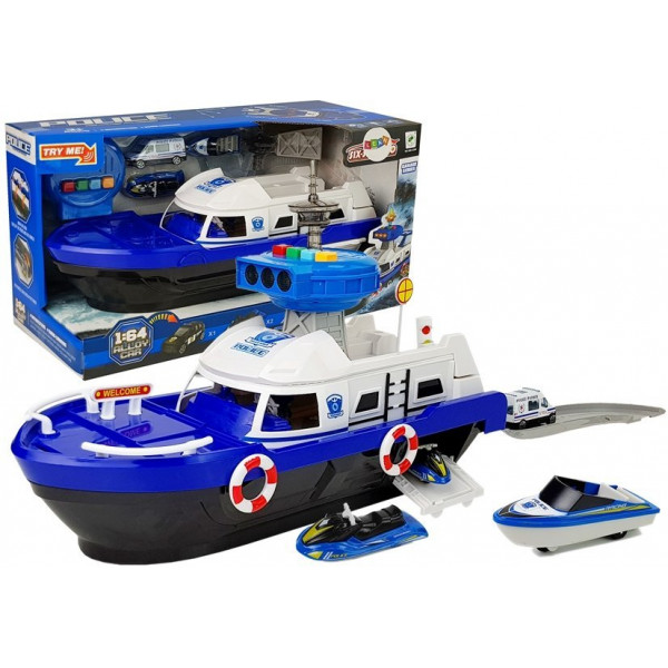 Łódź Transportowa Policyjna z Autkami, z dźwiękiem i światłami