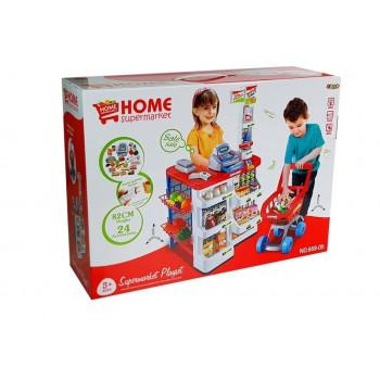 Zabawkowy Market z Wózkiem Kasa Fiskalna Skaner Artykuły Spożywcze Zakupy