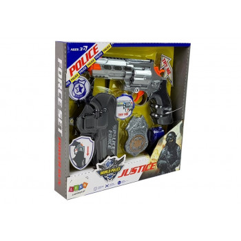 Zestaw Policyjny Rewolwer 20cm Odznaka Kabura Gwizdek Dźwięk Efekty Świetlne