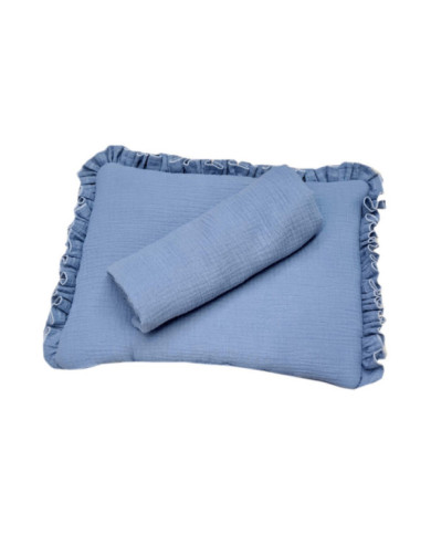 KOMPLET MUŚLINOWY KOC-OTULACZ, PODUSZKA Z FALBANKĄ JEANS