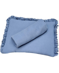 KOMPLET MUŚLINOWY KOC-OTULACZ, PODUSZKA Z FALBANKĄ JEANS