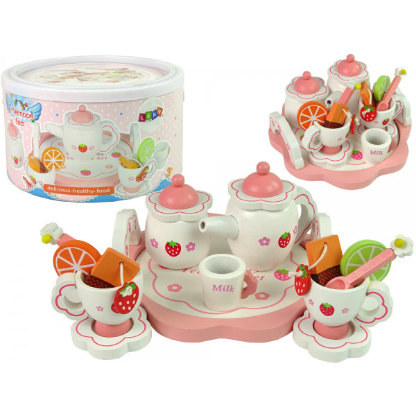 Drewniany Zestaw Do Herbatę Różowy Kwiatki Dzbanek Taca