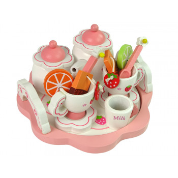 Drewniany Zestaw Do Herbatę Różowy Kwiatki Dzbanek Taca