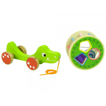 Krokodyl  Zielony Do Ciągnięcia Na Kółkach Sorter Klocki Drewniane