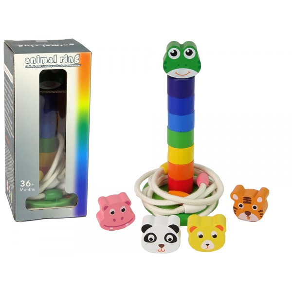 Piramidka Drewniana Edukacyjna Układanka Sznurek Zwierzęta