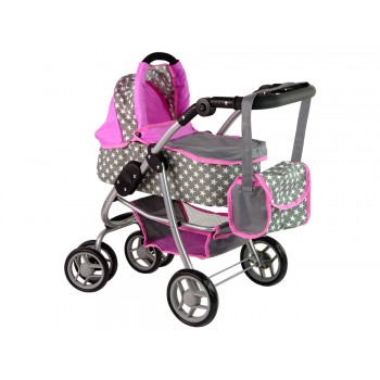 Wózek Dla Lalek Spacerówka 2 w 1 Gondola Torba Różowy Gwiazdki