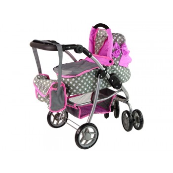 Wózek Dla Lalek Spacerówka 2 w 1 Gondola Torba Różowy Gwiazdki
