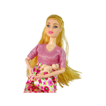 Lalka Dla Dzieci W Ciąży Różowa Sukienka Kwiaty