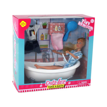 Lalka Dla Dzieci Długie Blond Włosy Szlafrok Niebieski Wanna Łazienka