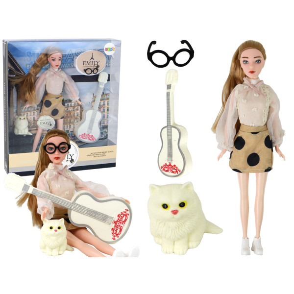 Lalka Dla Dzieci Emily z Gitarą Okulary Długie Blond Włosy Kotek