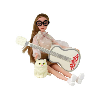 Lalka Dla Dzieci Emily z Gitarą Okulary Długie Blond Włosy Kotek