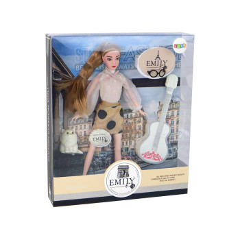 Lalka Dla Dzieci Emily z Gitarą Okulary Długie Blond Włosy Kotek
