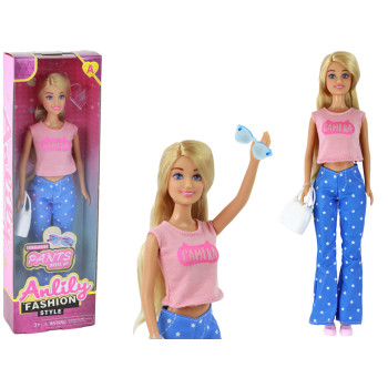 Lalka Dla Dzieci Anlily Długie Blond Włosy Torebka Okulary Różowa Bluzka